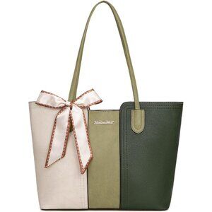 Women Beige With Green Imported Vegan Leather Medium Top Handle Satchel Tote Bag